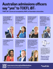 Uma miniatura de um panfleto destacando vários oficiais de admissão australianos discutindo a aceitação do teste TOEFL iBT